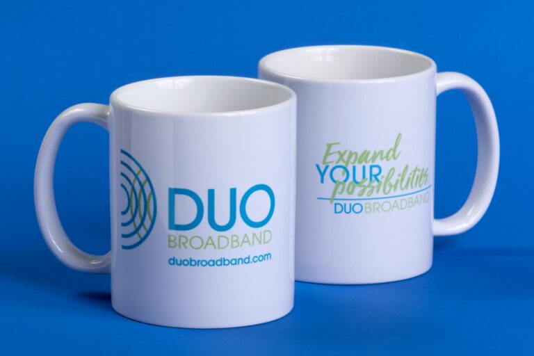 DUO Broadband logo on coffee mug