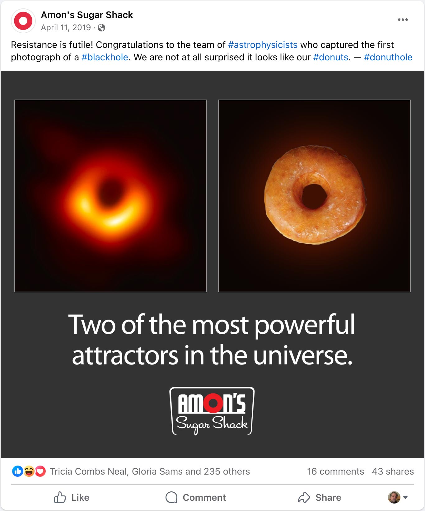 Social media post screen shot showing a black hole photo and a glazed donut photo and the text: Two of the most powerful attractors in the universe.