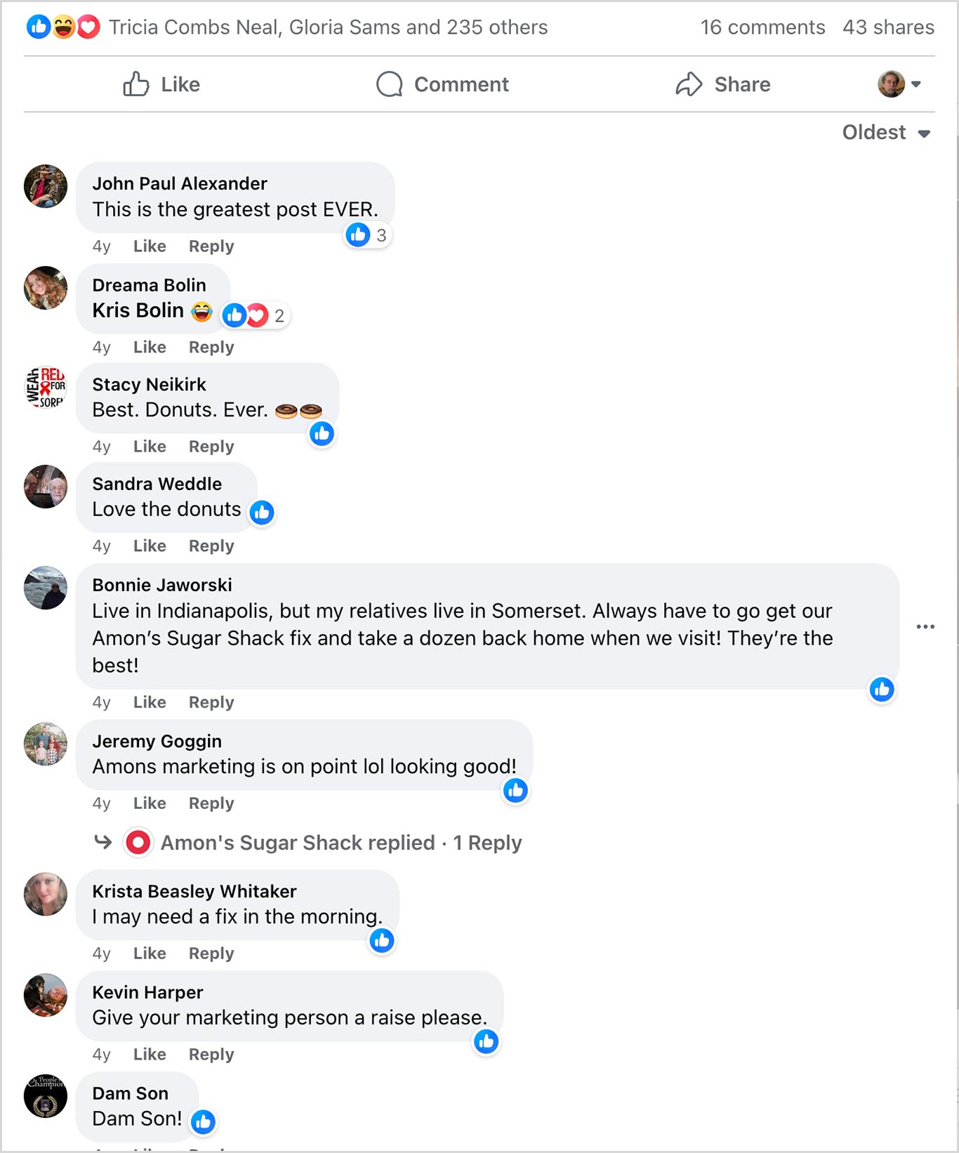 Social Media screen shot of post comments.