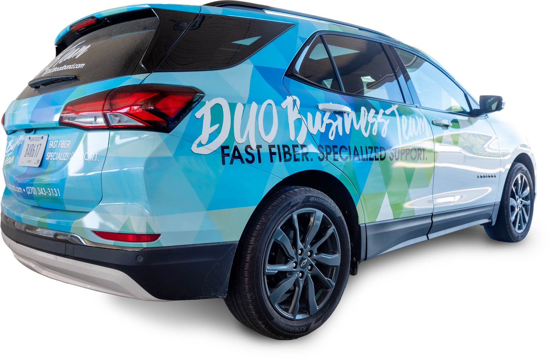 DUO Broadband business team vehicle with graphics wrap.