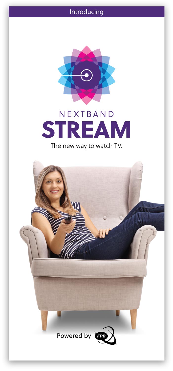 Brochure cover with girl in chair and tv remote.