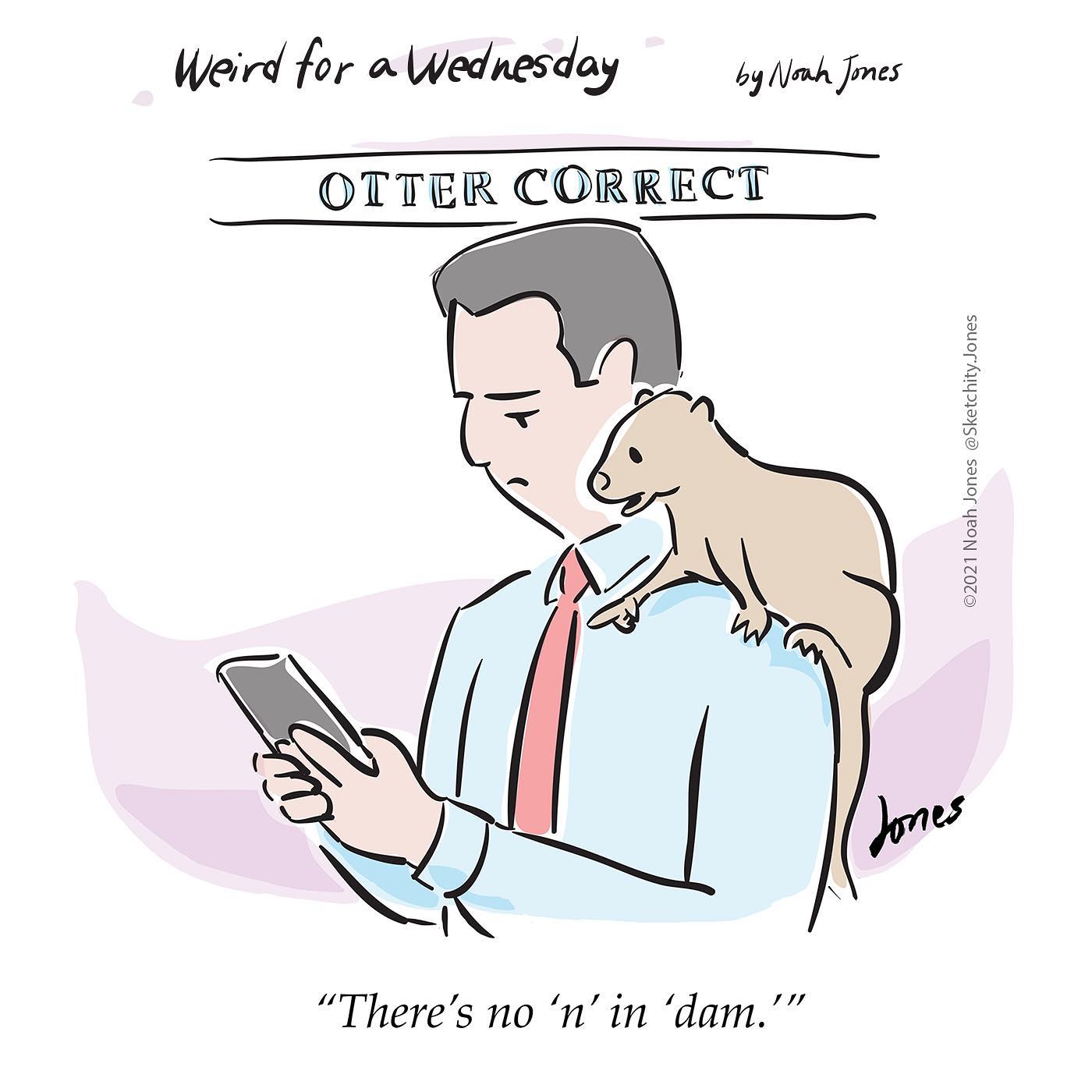 Cartoon with a title "OTTER CORRECT", a man looking at his smart phone with an otter on his shoulder saying "There's no 'n' in 'dam.'"