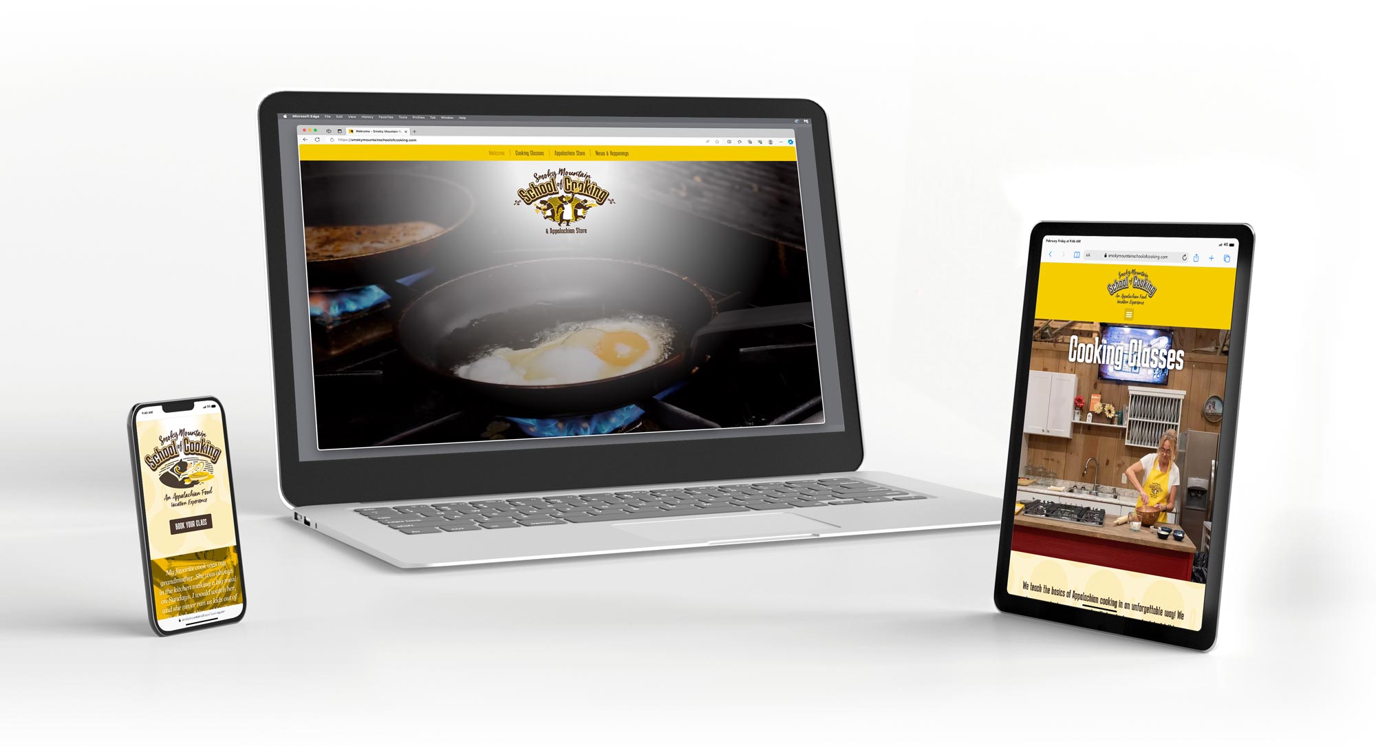 Phone, laptop, and tablet with Smoky Mountain School of Cooking website displaying.