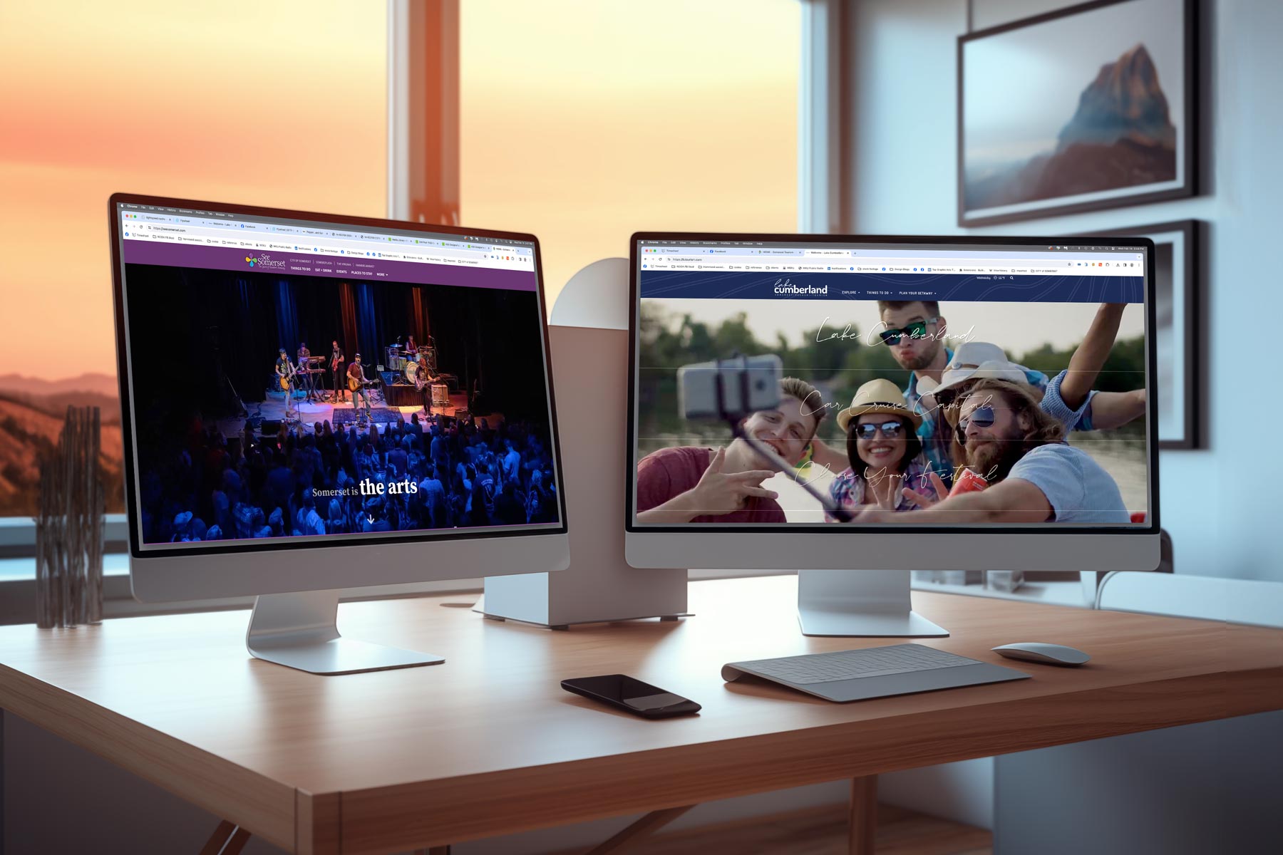 Two computer screens displaying websites front pages on a desk.