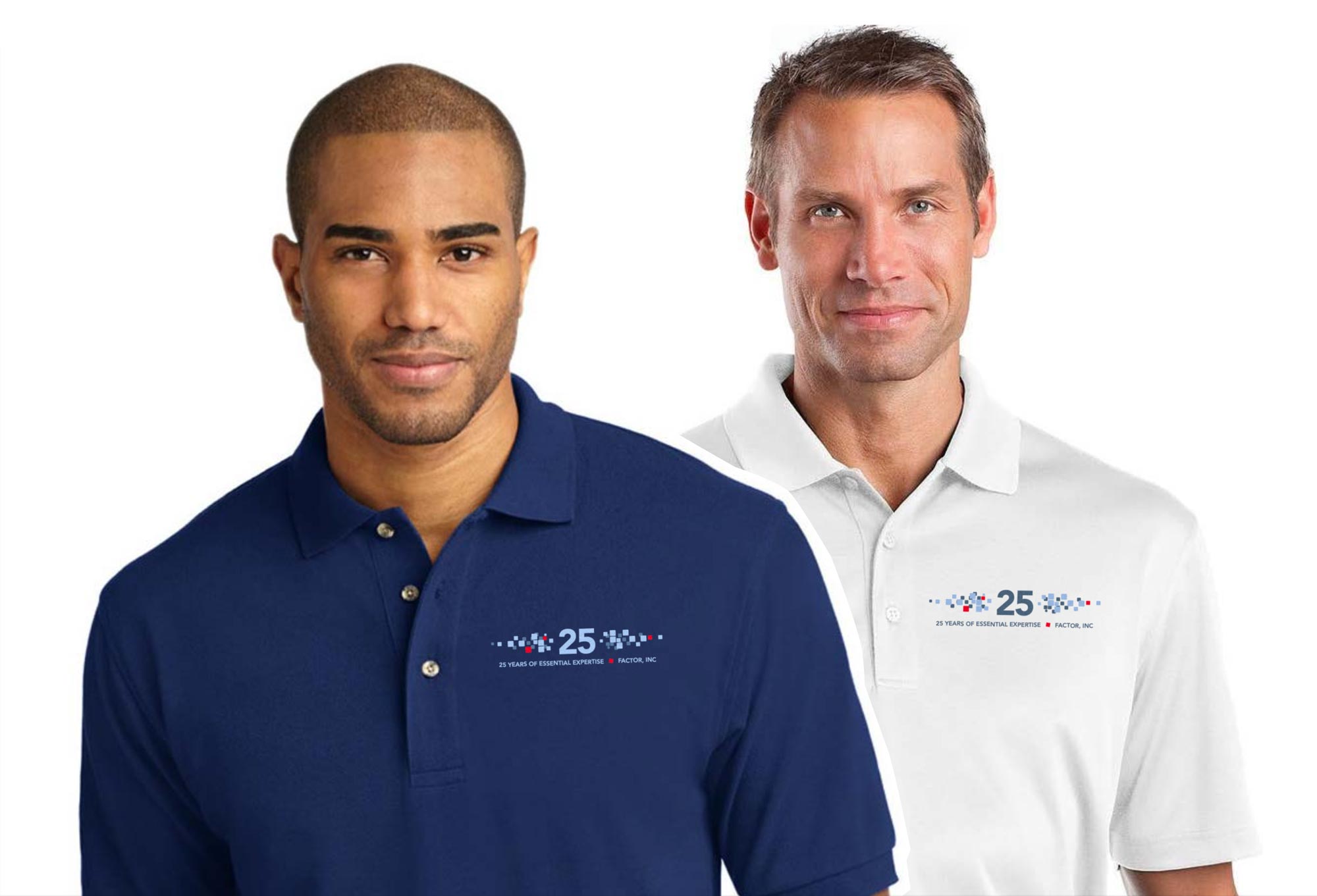 Two men wearing shirts with embroidered Factor 25th anniversary logos.