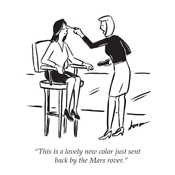 Cartoon: Lady applying makeup to another saying "This is a lovely new color just sent back by the Mars rover."