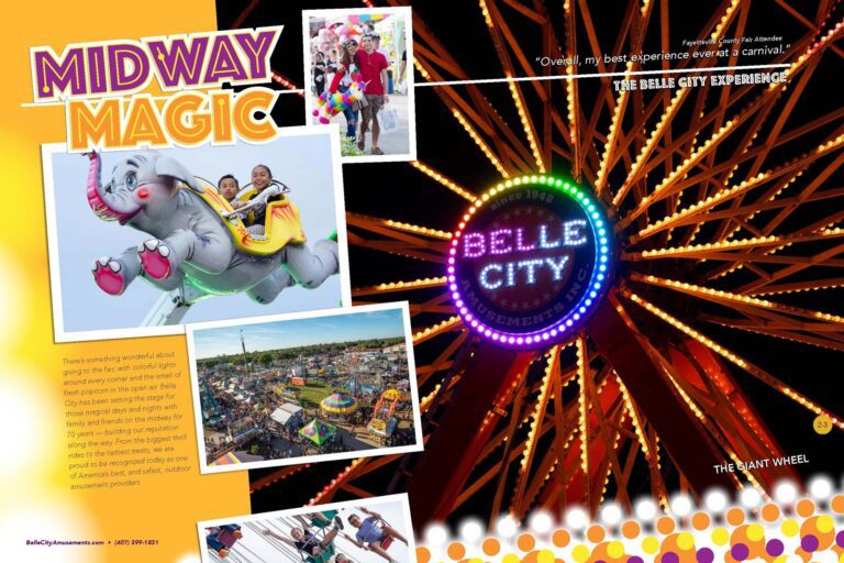 Brochure spread with text and park ride photographs. Headline "Midway Magic"