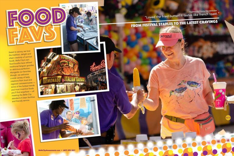 Brochure spread with text and photographs of park food vendors. Headline "Good Favs"