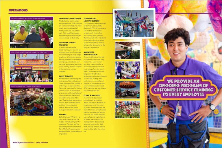 Brochure spread with text and photos of park rides. Headline "We provide an ongoing program of customer service training to every employee"