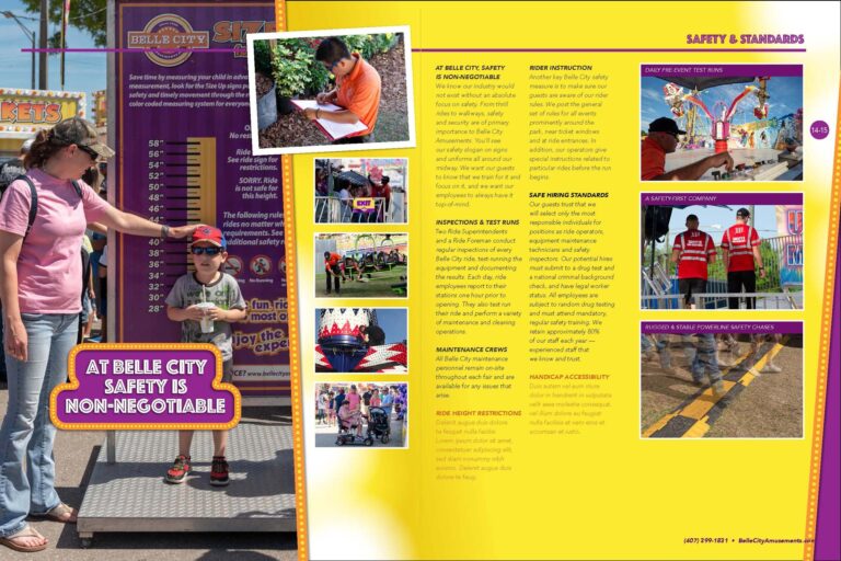 Brochure spread. Text and photos of safety measures. Headline "At Belle City safety is non-negotiable"