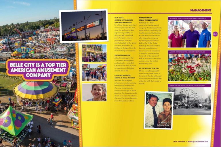 Brochure spread with text and photos of park rides. Headline "Belle City is a top tier american amusement company"