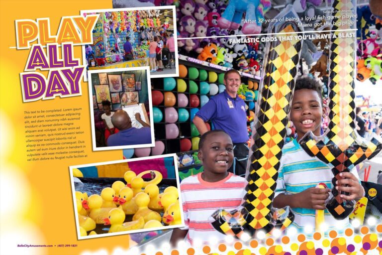 Brochure spread with text and photos of people at carnival games. Headline "Play all day+