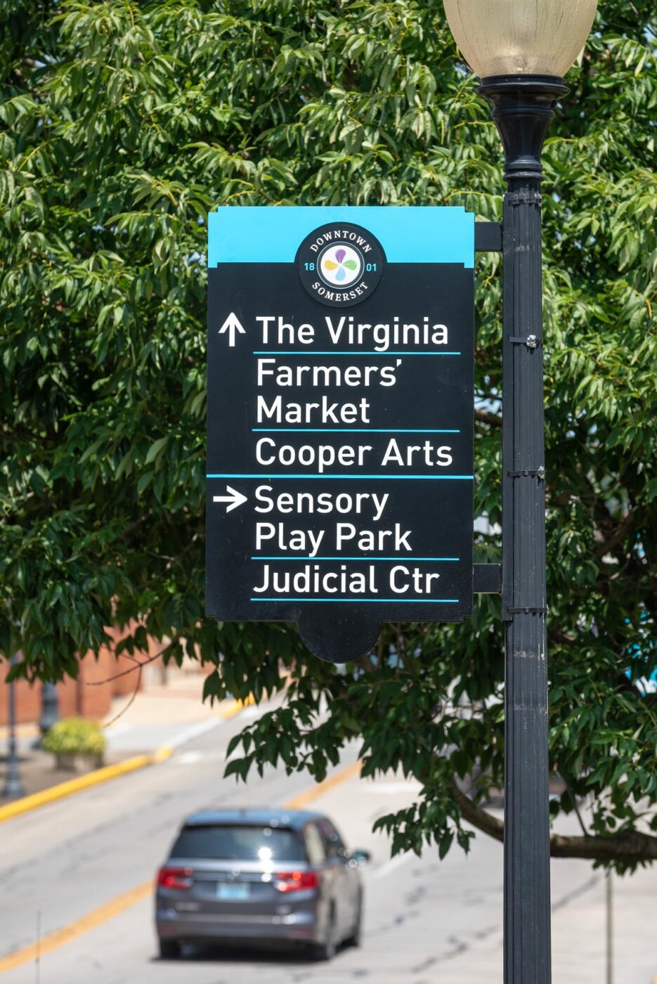 Sign on street post.