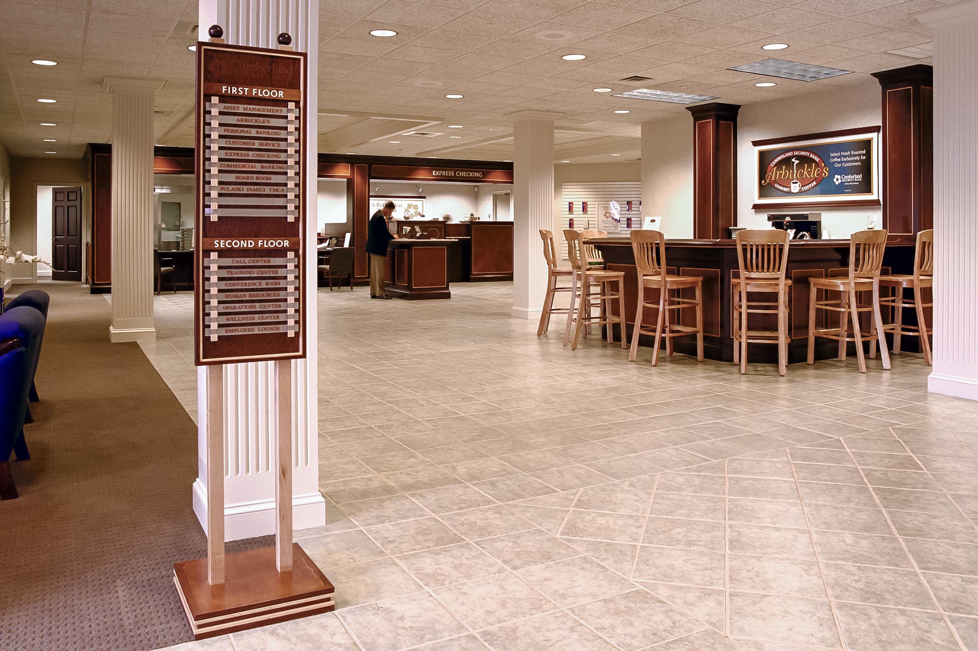 Bank lobby with directory sign