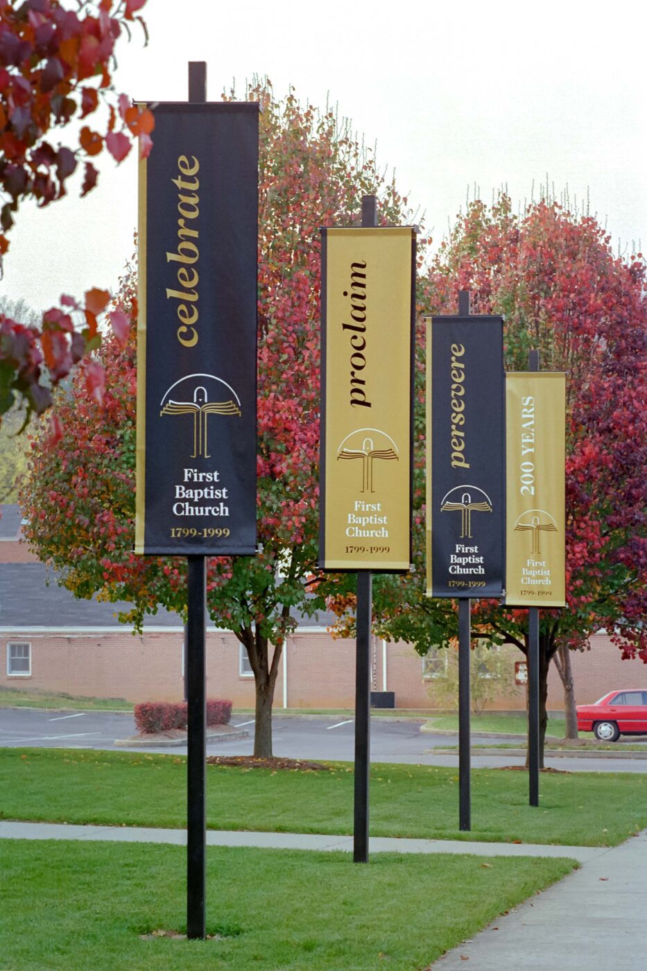 series of four banners on tall poles for the First Baptist Church