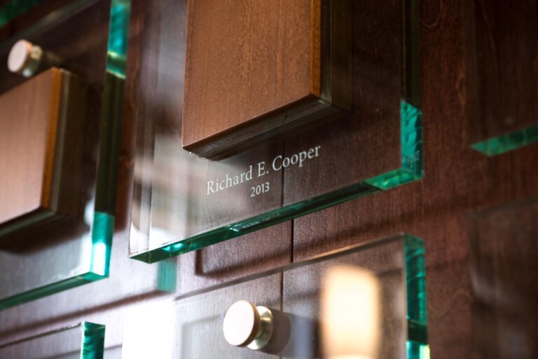 detail of individual name on SCC Hall of Honor, glass with wood