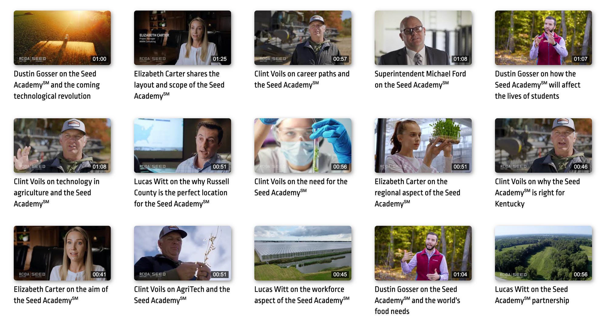 Grid of video thumbnail pictures with video titles