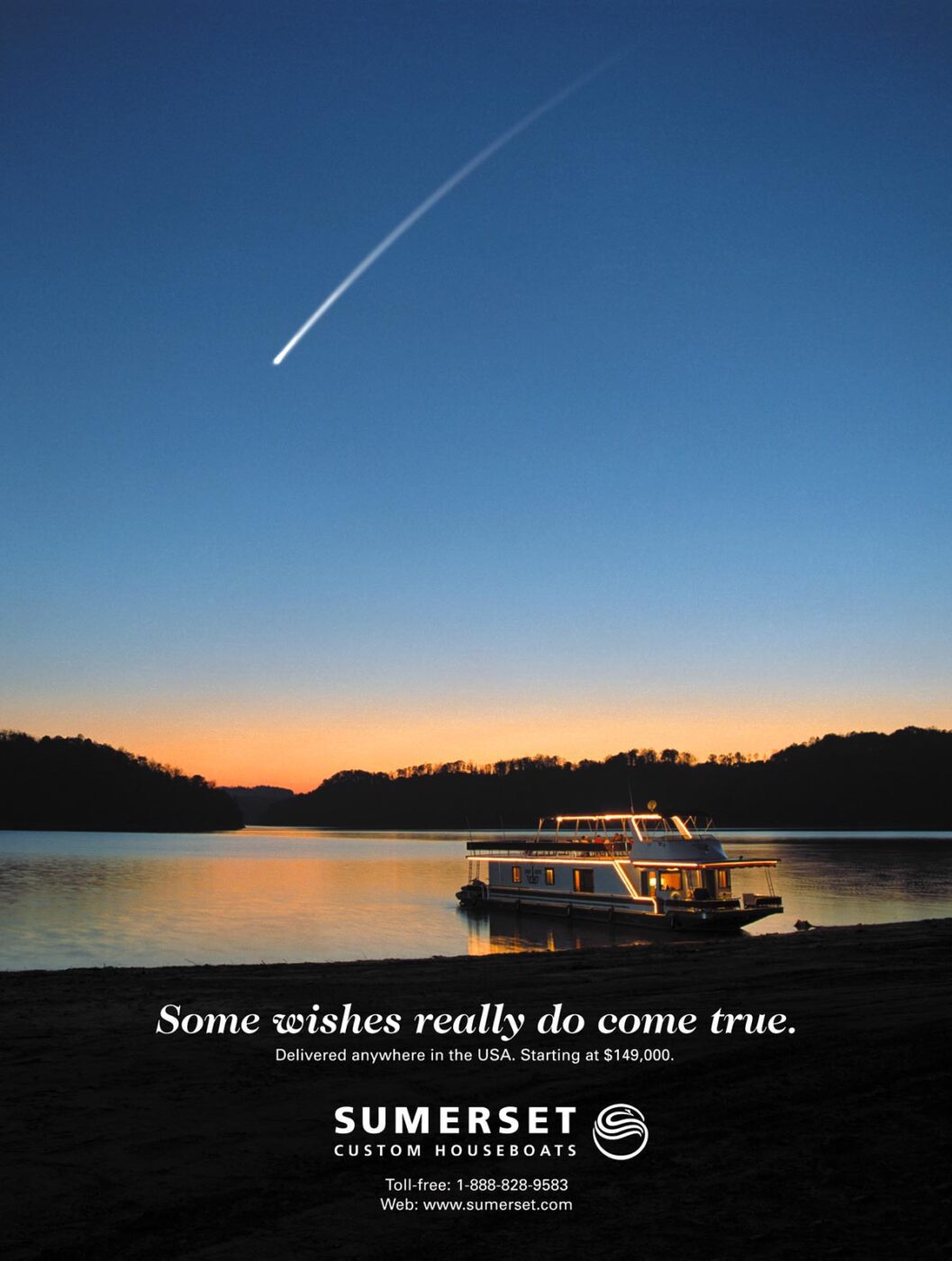 Magazine ad with houseboat tied up to a shore and glow from sunset with falling star in the sky and text "Some wishes really do come true."