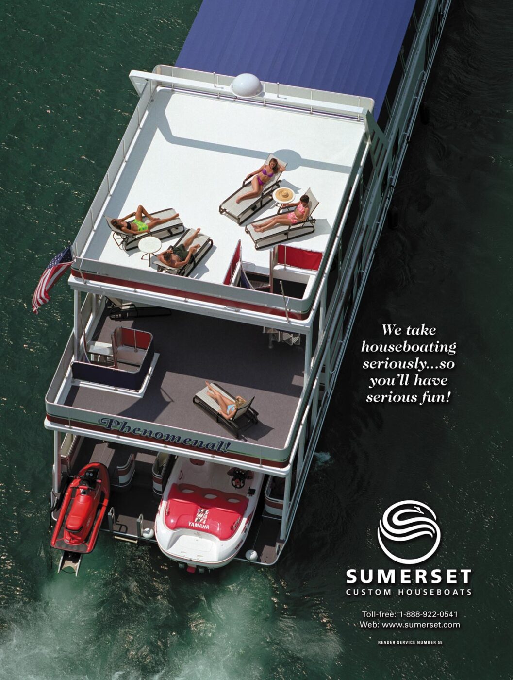 Magazine ad with a down view of people sunbathing on the back of a Sumerset Houseboat with text "We take houseboating seriously...so you'll have serious fun"