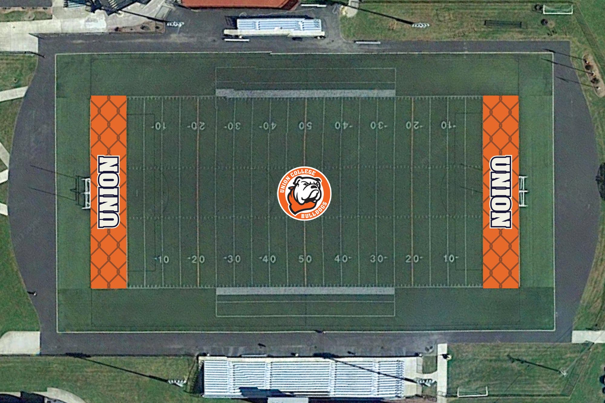 Football field vied from above with Union Bulldogs branding on grass