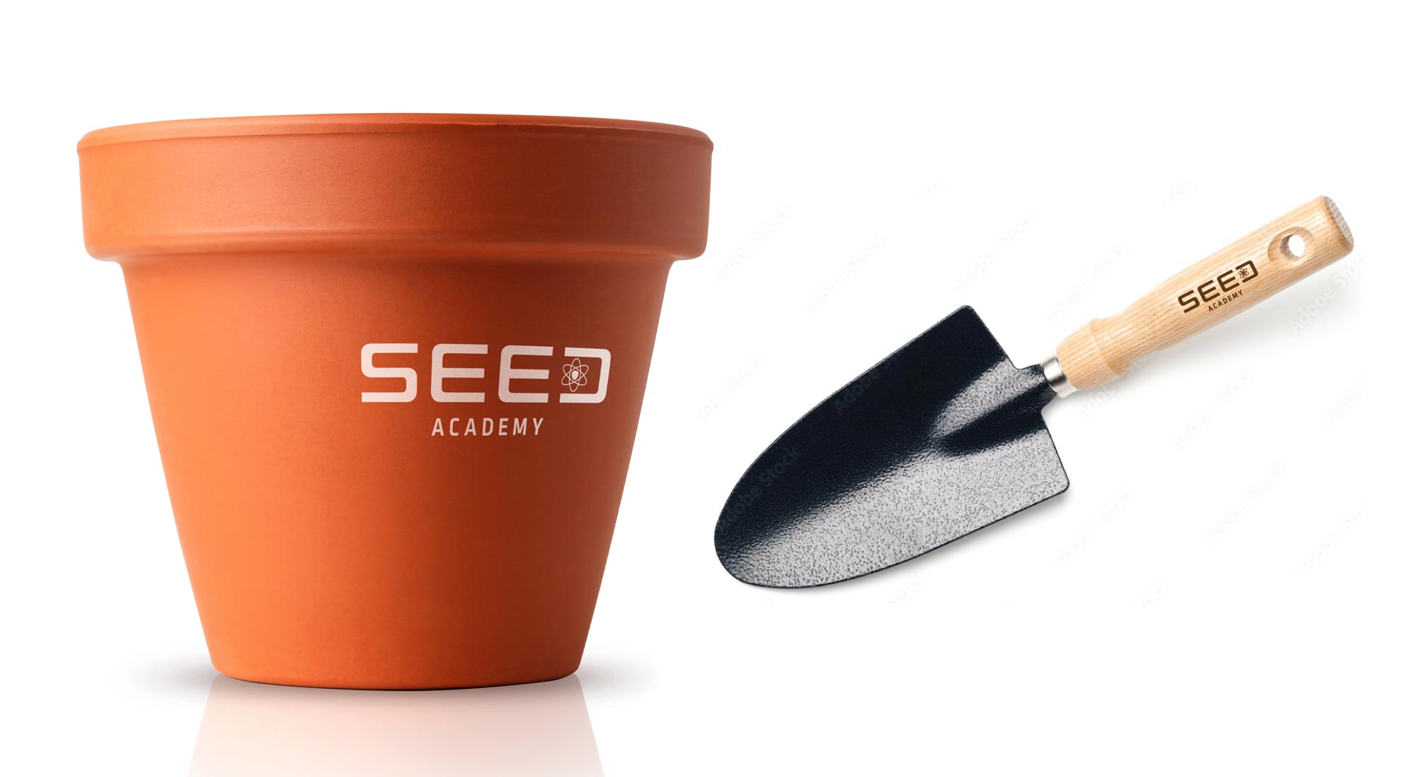Clay pot and garden spade with "SEED ACADEMY" logo applied.
