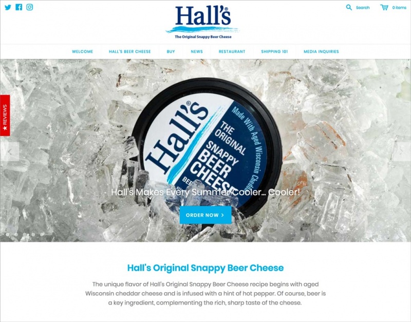 Home page screen shot of Hall's Beer Cheese website.