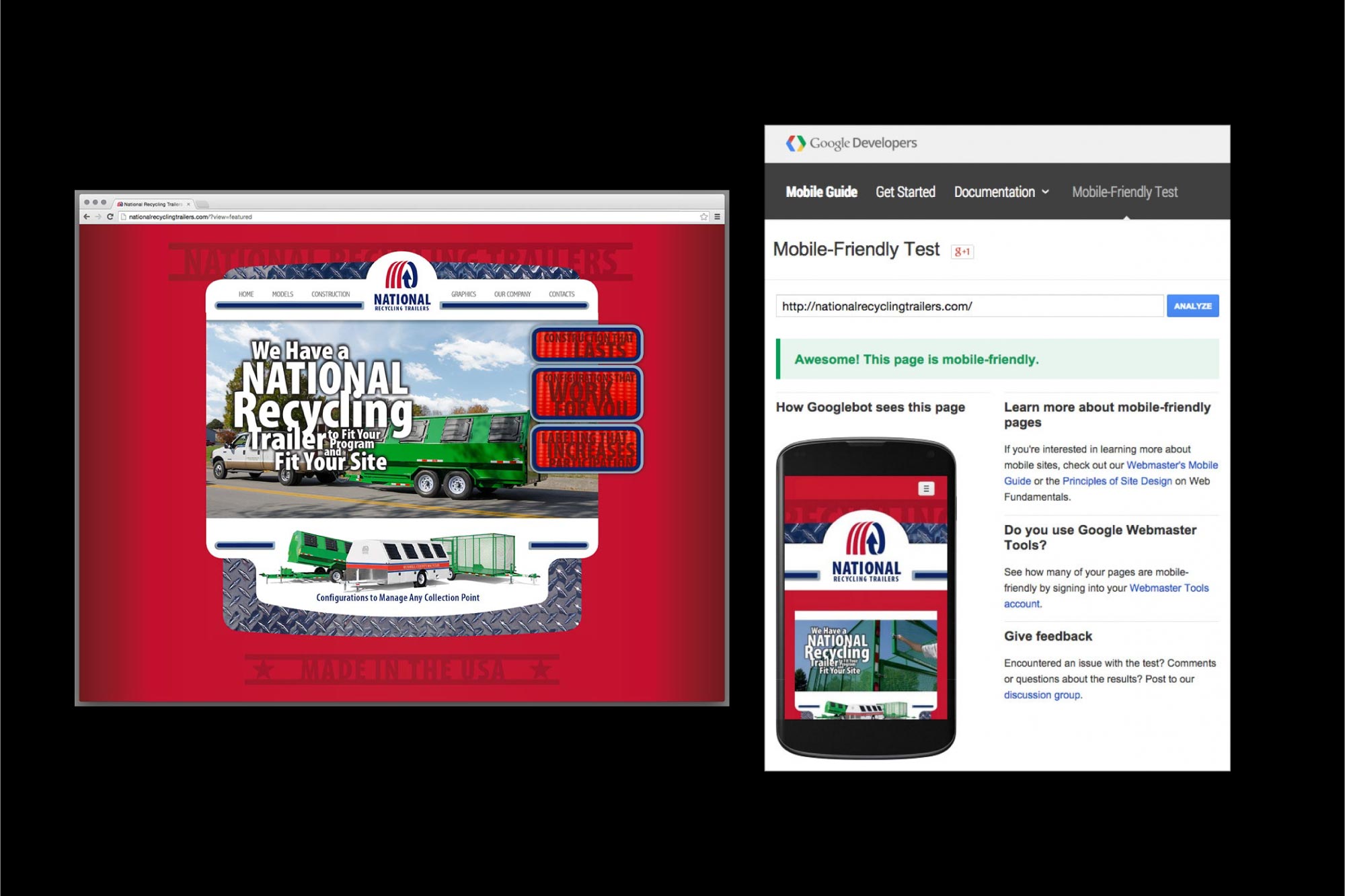 website screens and mobile test results