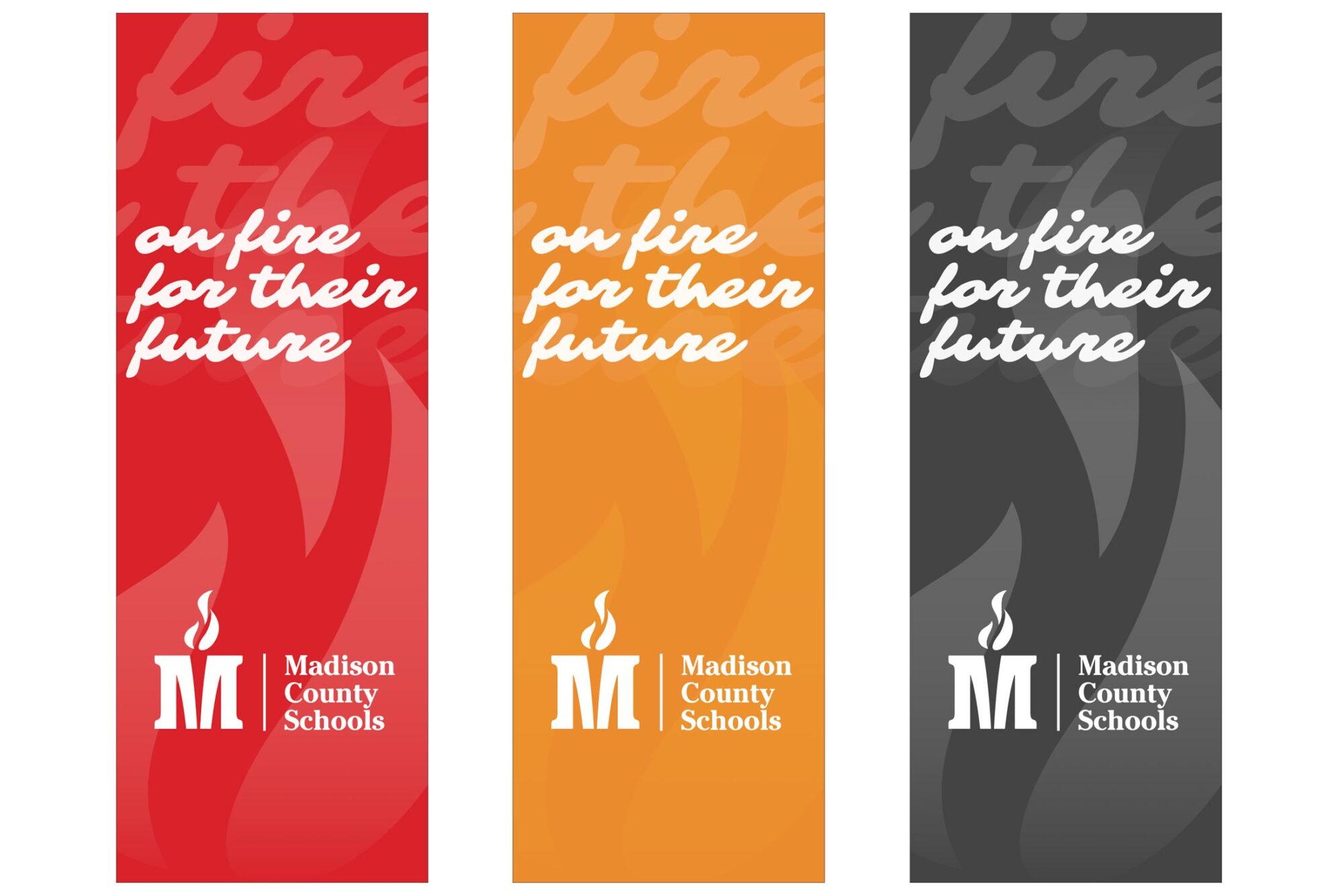 "on fire for their future" banners in three brand colors: red, orange, grey