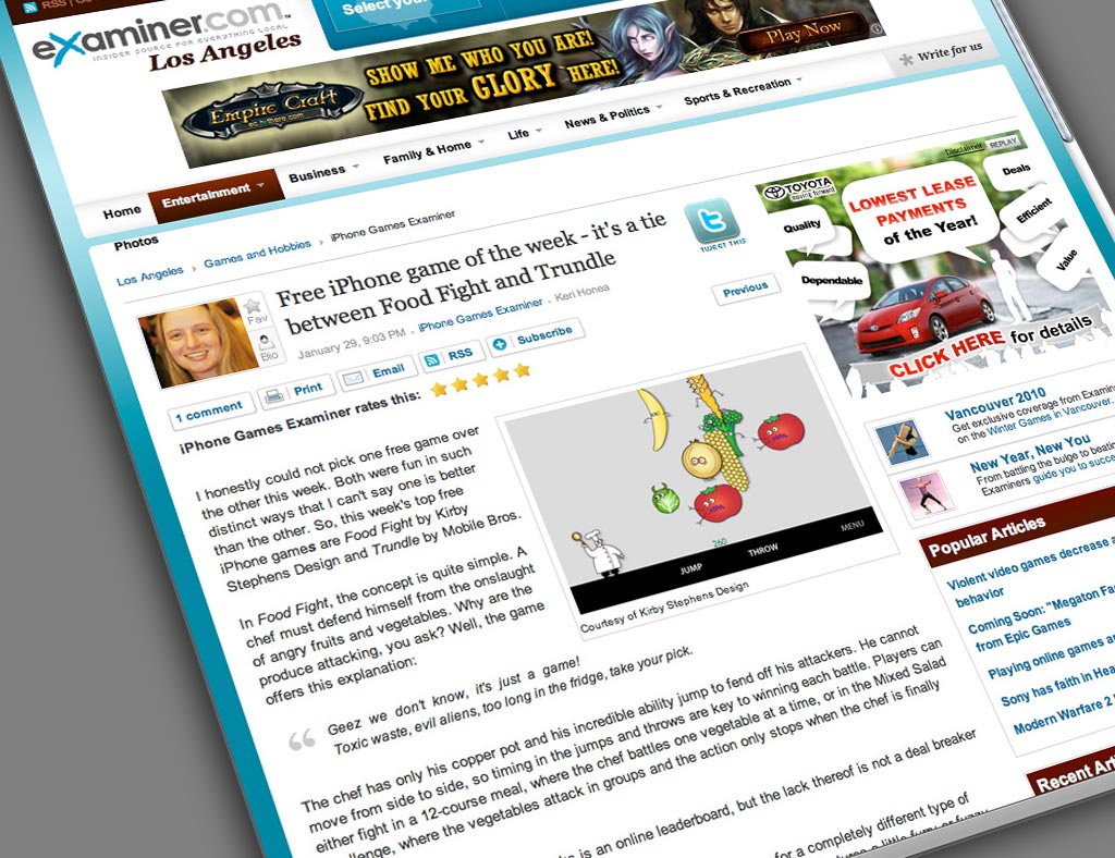 Los Angeles examiner.com screen with review of Food Fight