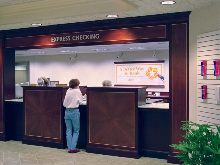 Cumberland Security Bank counter with "express checking" letters above the counter