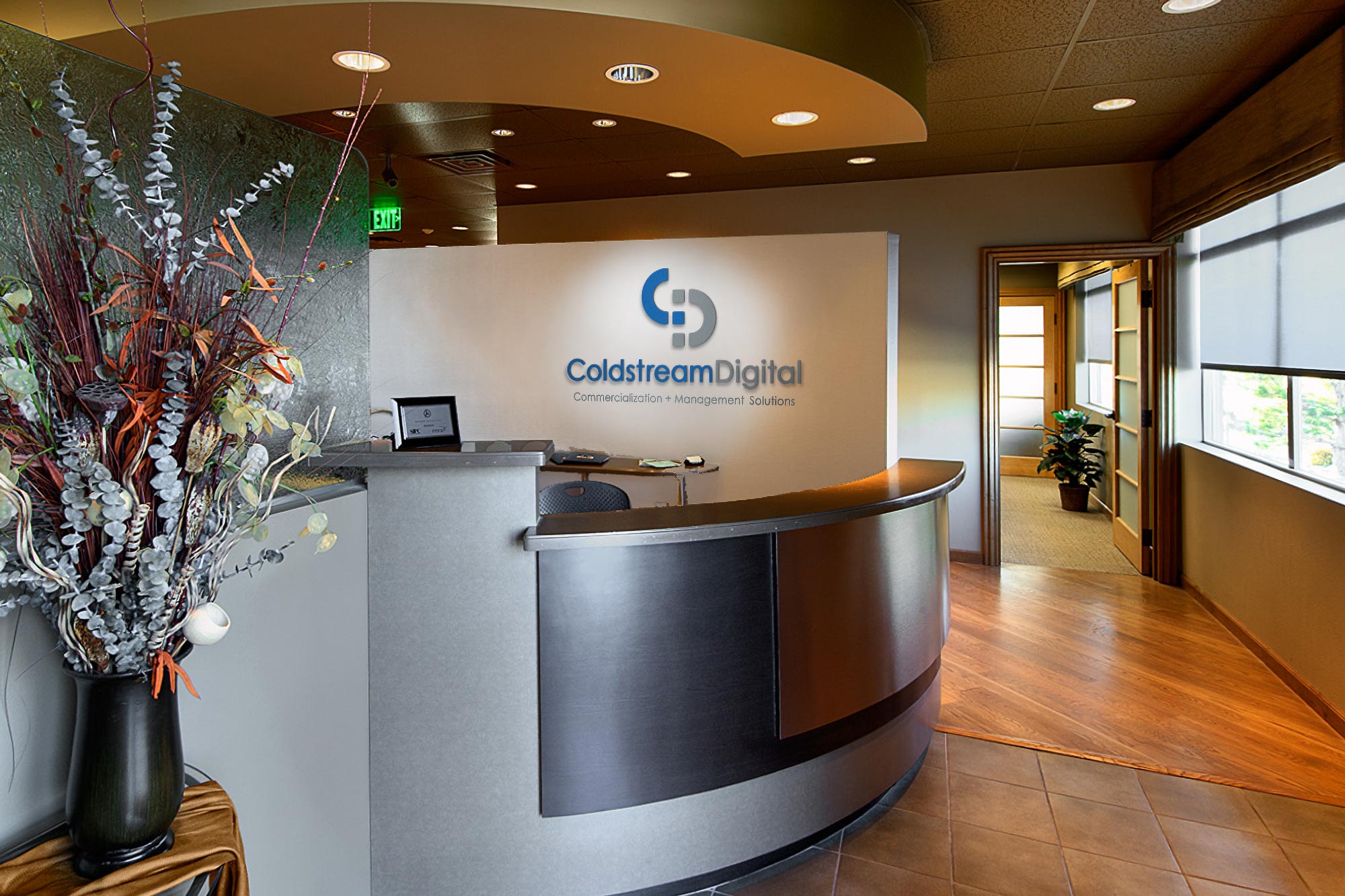 interior office reception desk with Coldstream Digital logo on the wall
