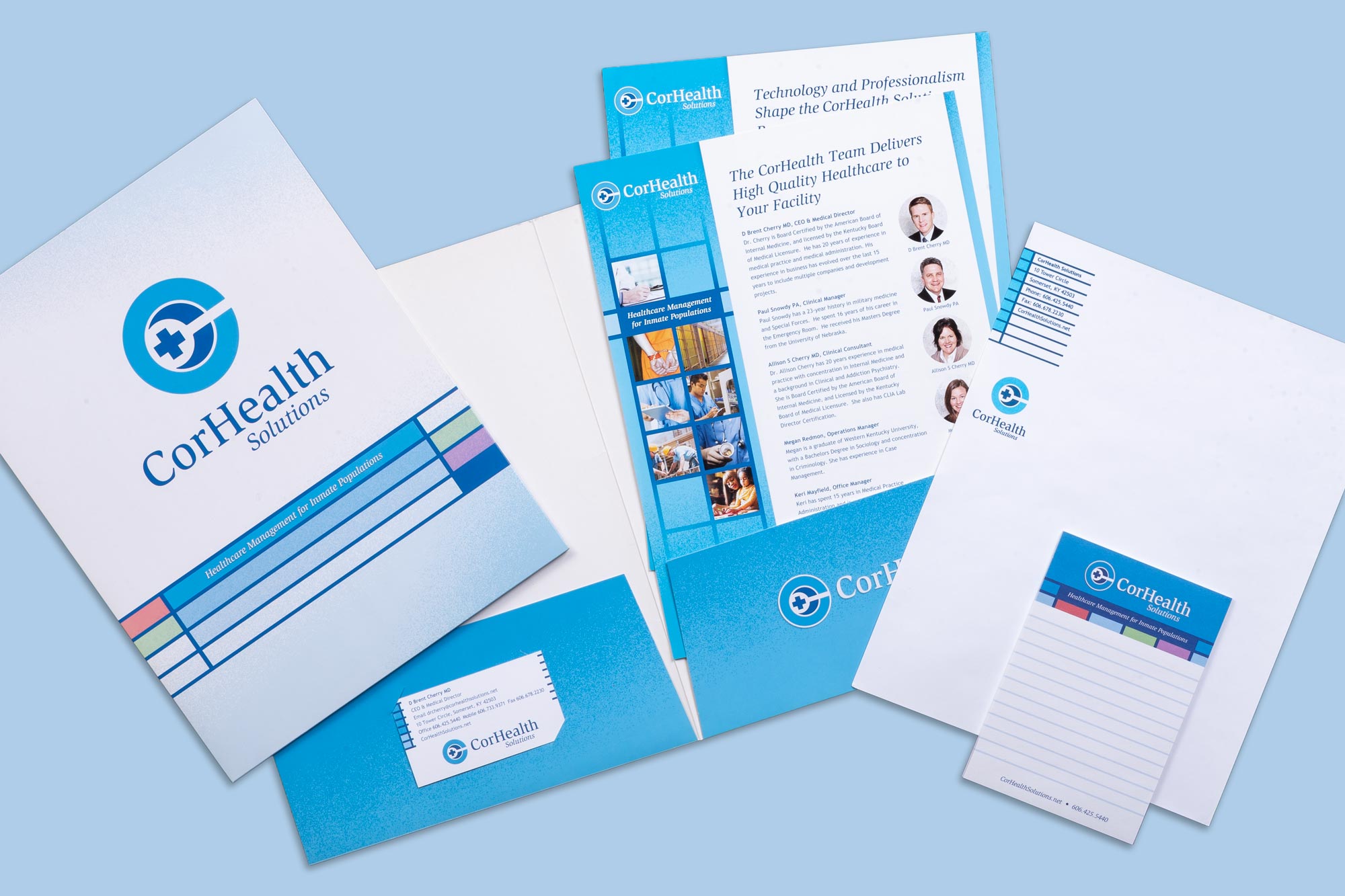 Folder, stationery, business card, note pad for CorHealth Solutions
