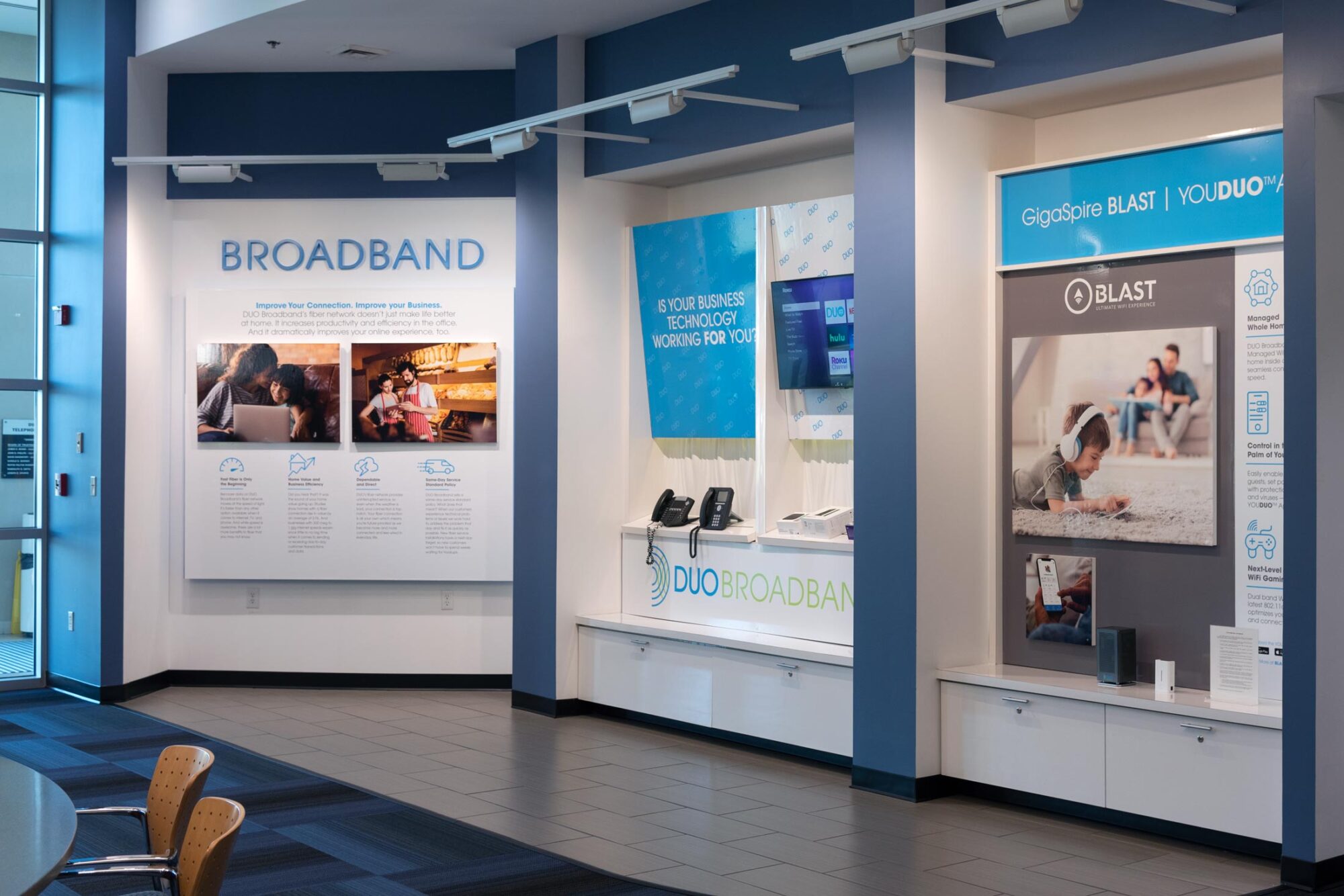 DUO Broadband lobby interior info graphics display