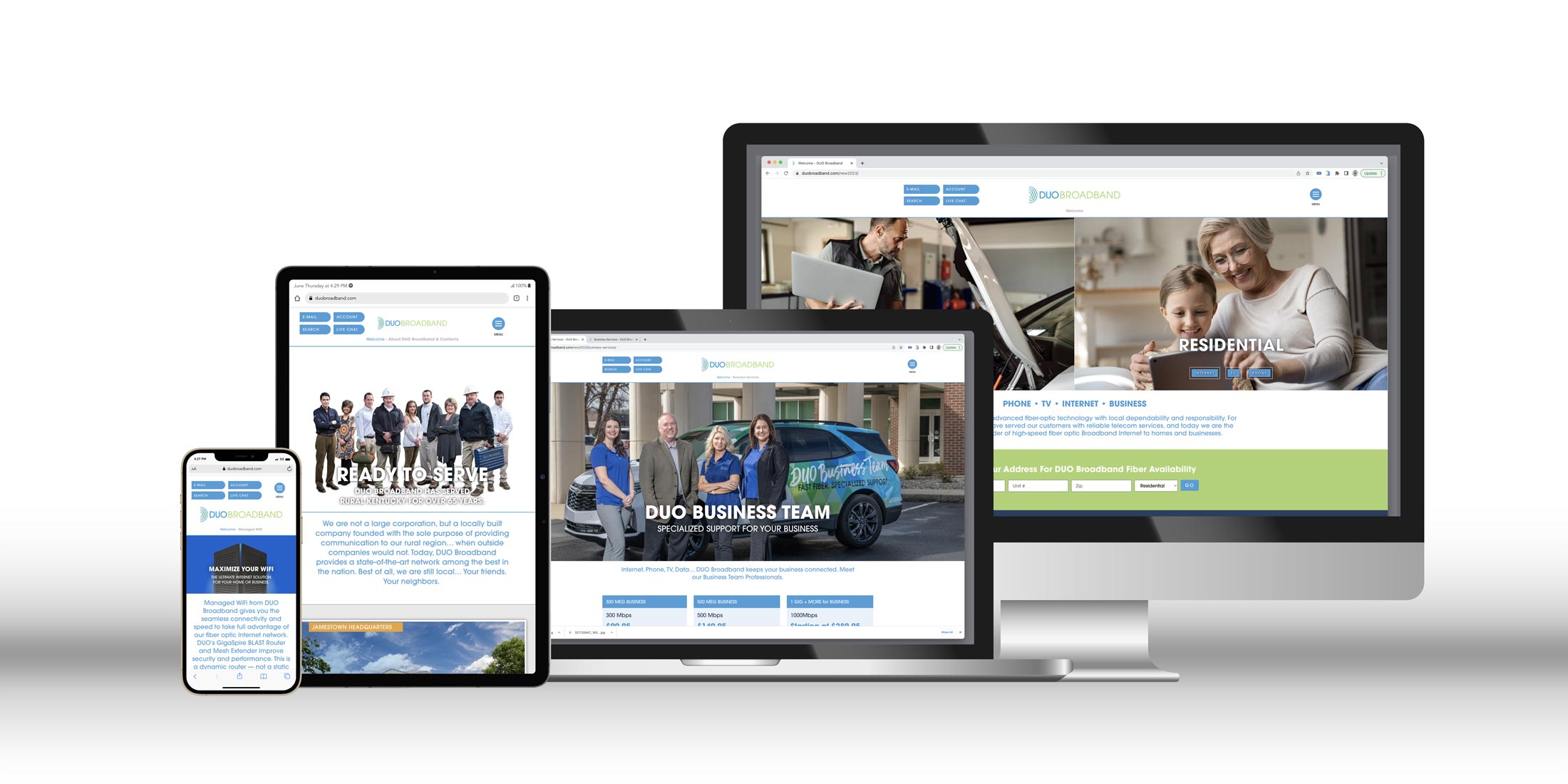 DUO Broadband website displayed on different size web devices.