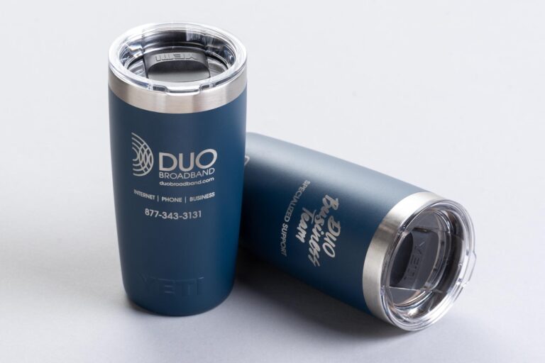 DUO Broadband business team branded insulated drink cups