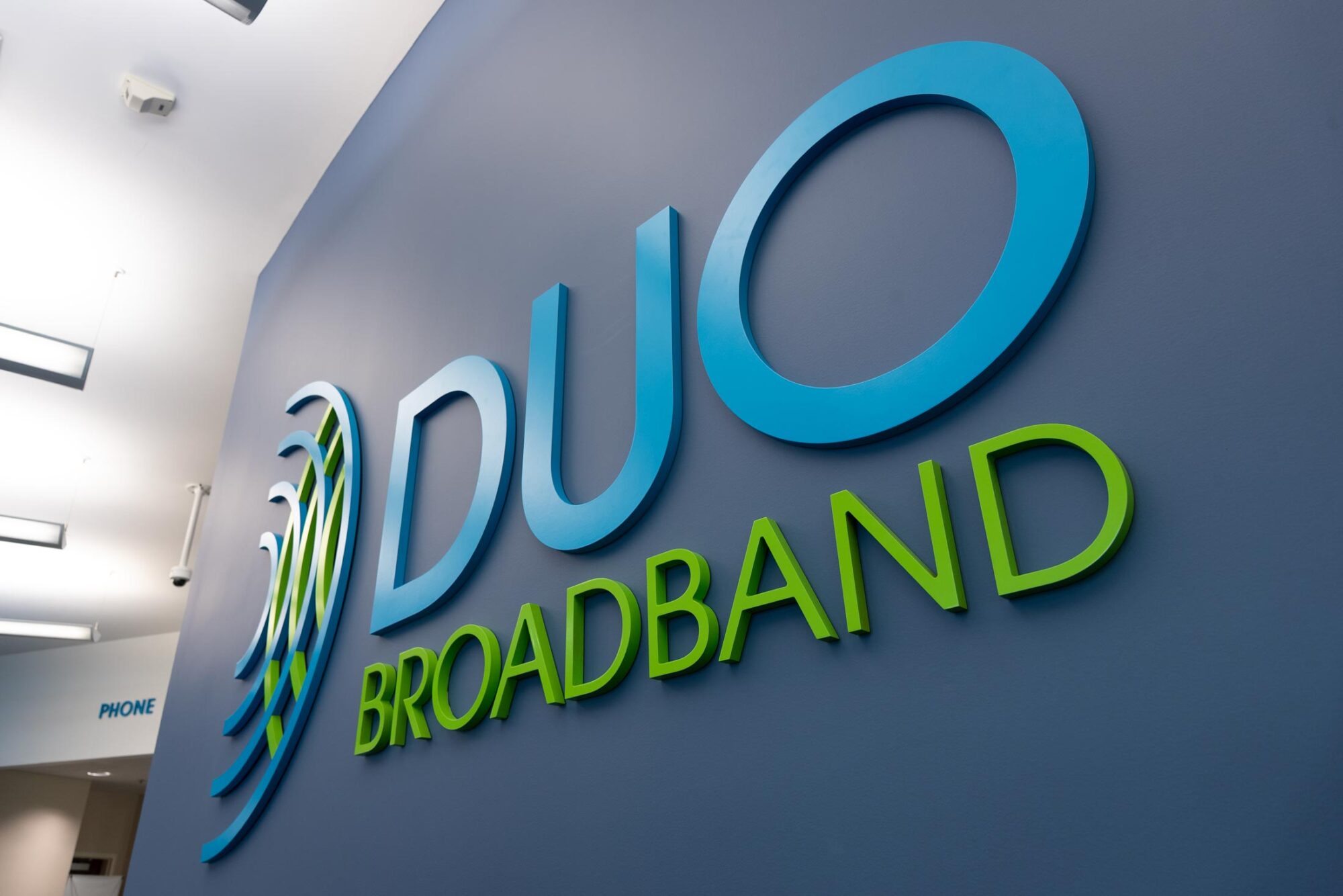 DUO Broadband lobby large logo wall graphic