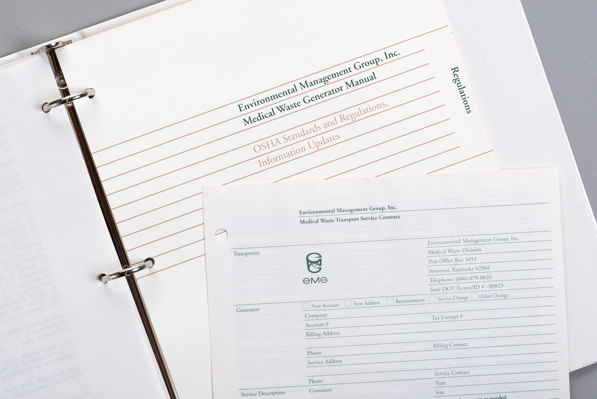 Environmental Management Group, Inc binder inside with form