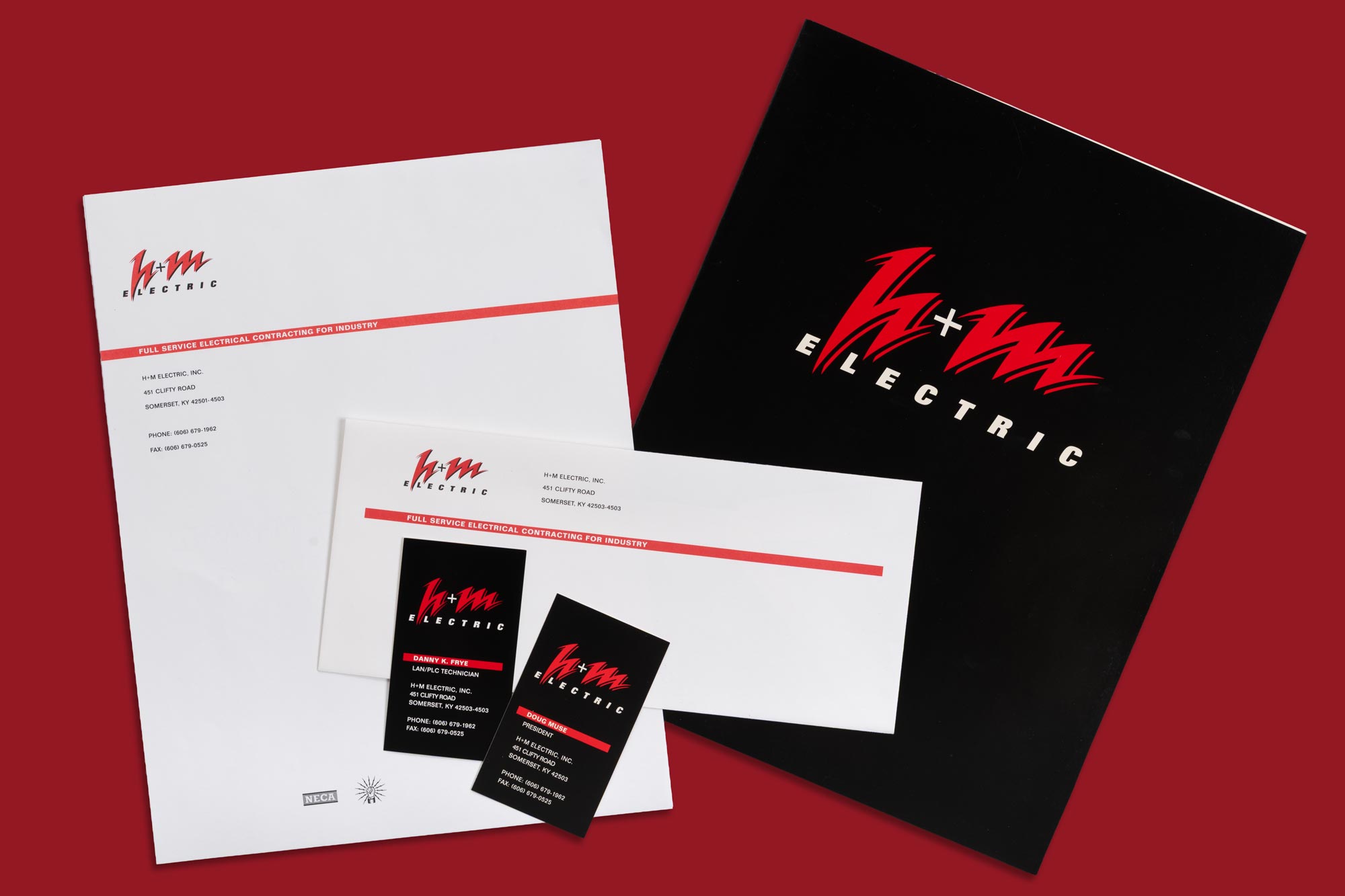 H+M Electric stationery, folder, business cards designed by KSD Kinetic Strategic Design
