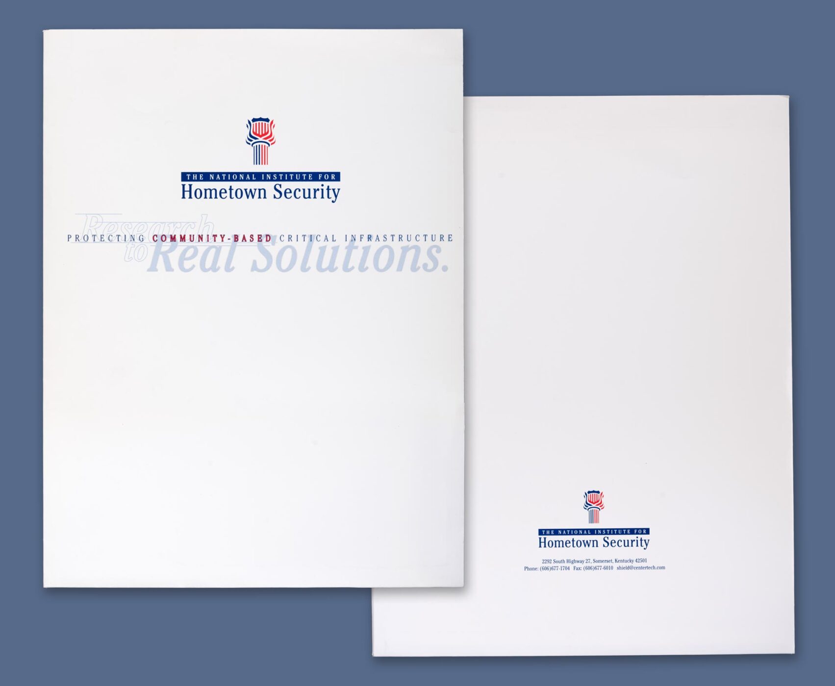 Front and back of the National Institute for Hometown Security pocket folder. KSD Kinetic Strategic Design design