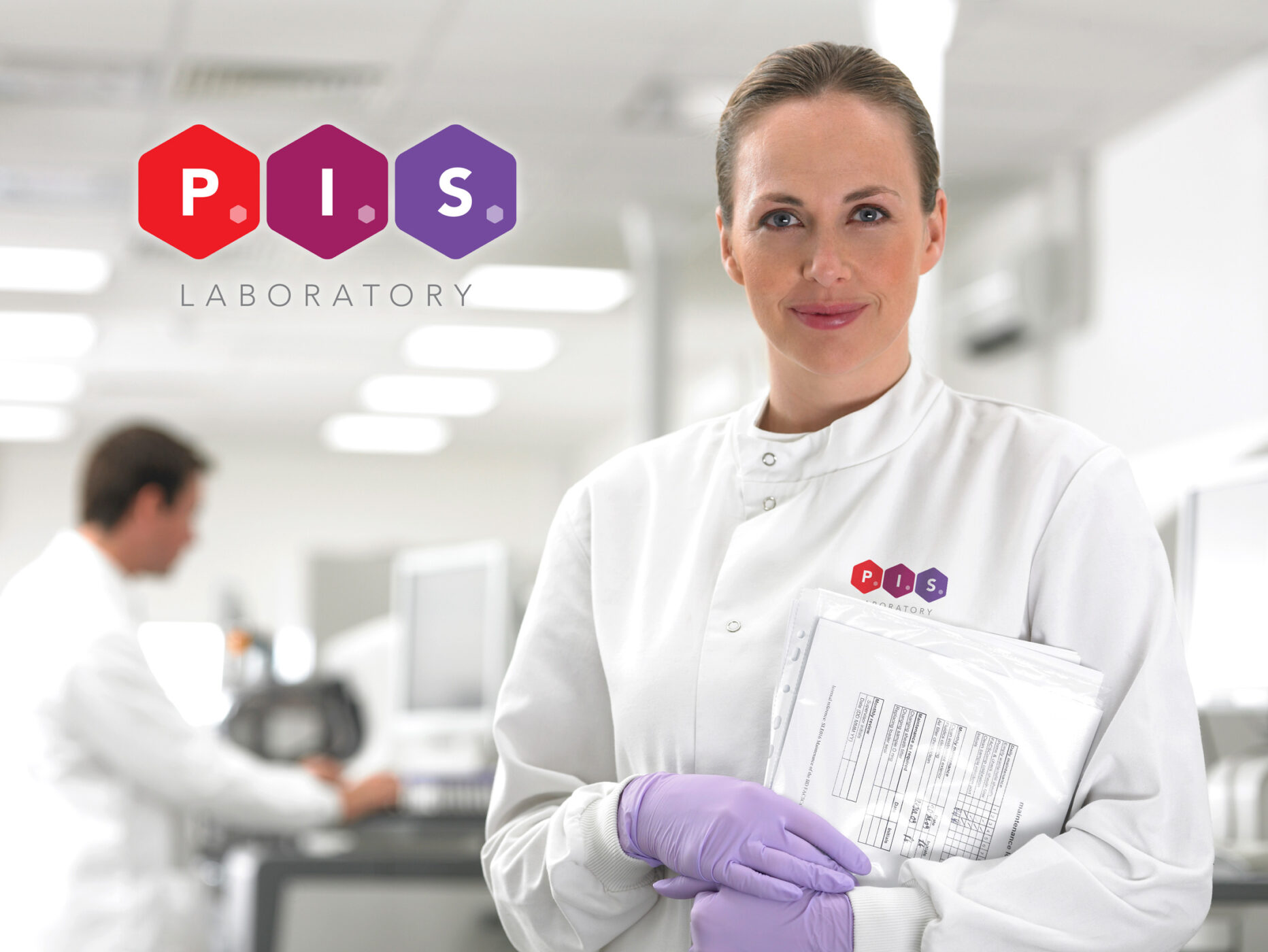 Woman in lab coat with PIS Laboratory logo