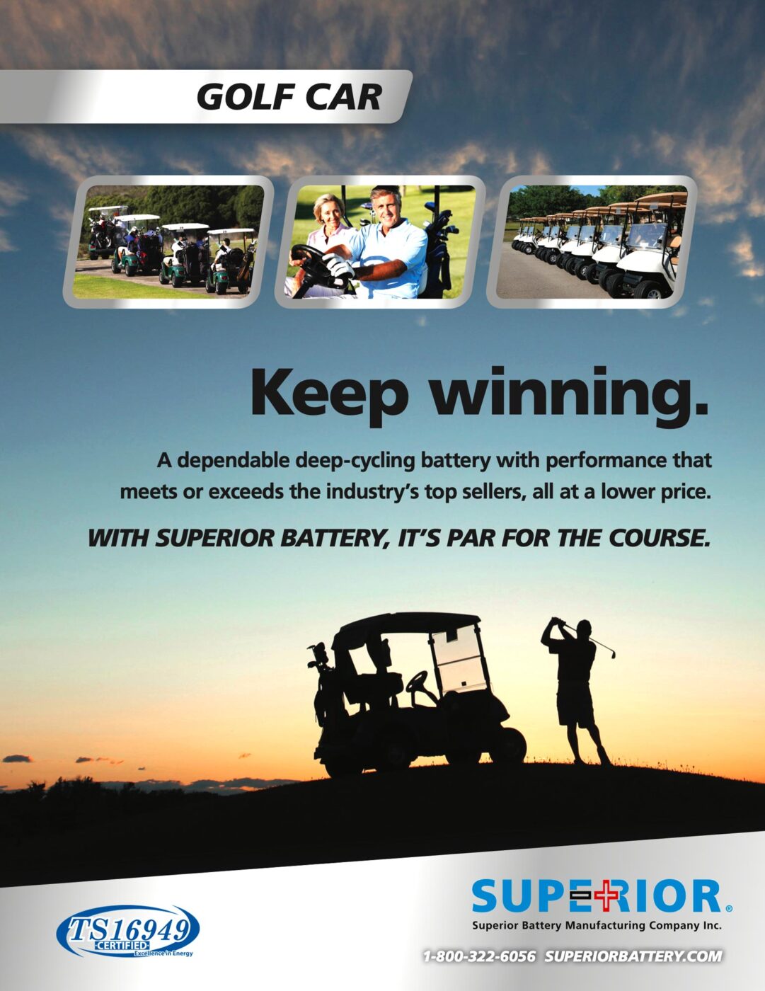 Ad for Superior Battery Manufacturing featuring golfing and golf carts.