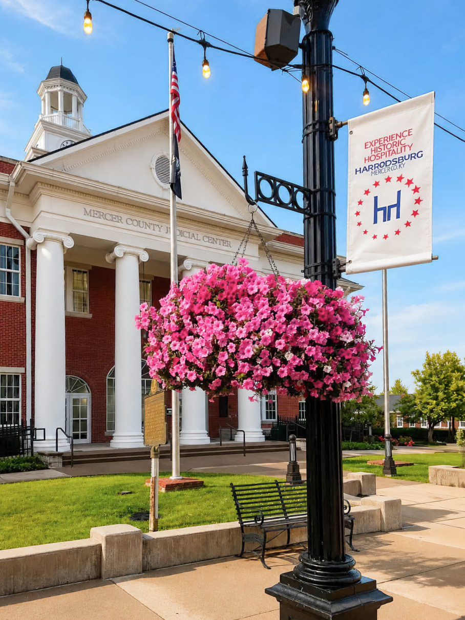 Harrodsburg Tourism banner on a light pole in downtown Harrodsburg, Kentucky.