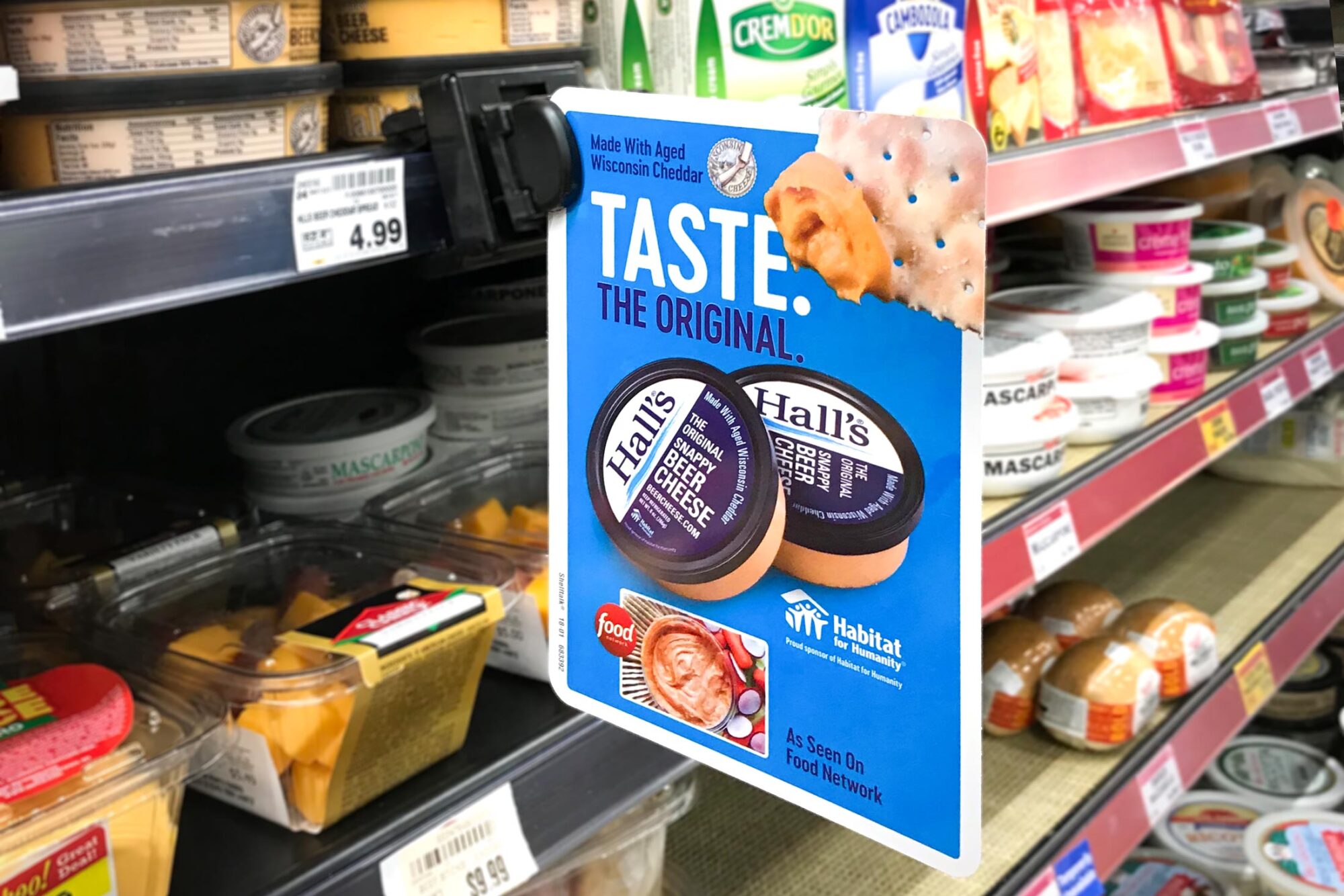 Hall's Beer Cheese grocery store isle sign
